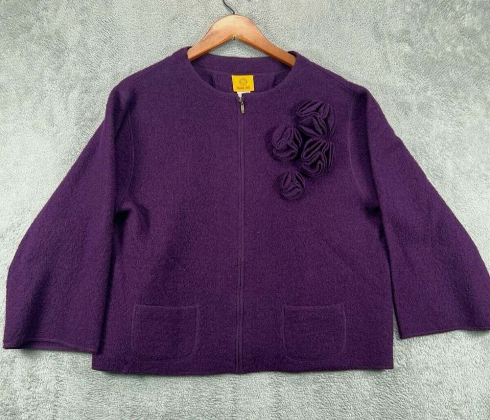 Ruby Rd. Plum Purple 100% Wool Full Zip Jacket with 3D Rosette Floral Appliqué